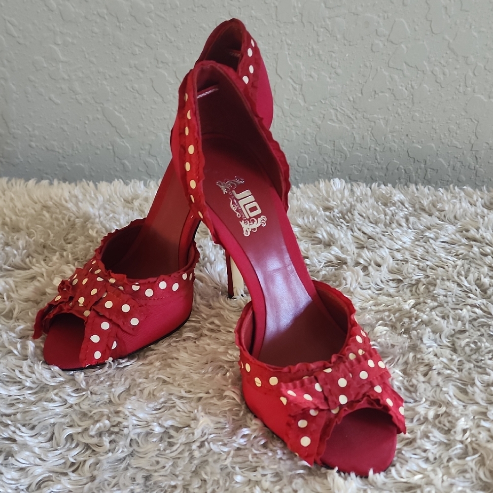 Jennifer Lopez Red and White Studded Heels